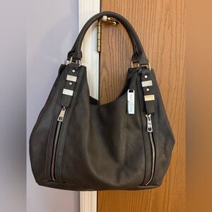 Massini Dark Grey Leather Hobo Shoulder Bag with Zip Accents